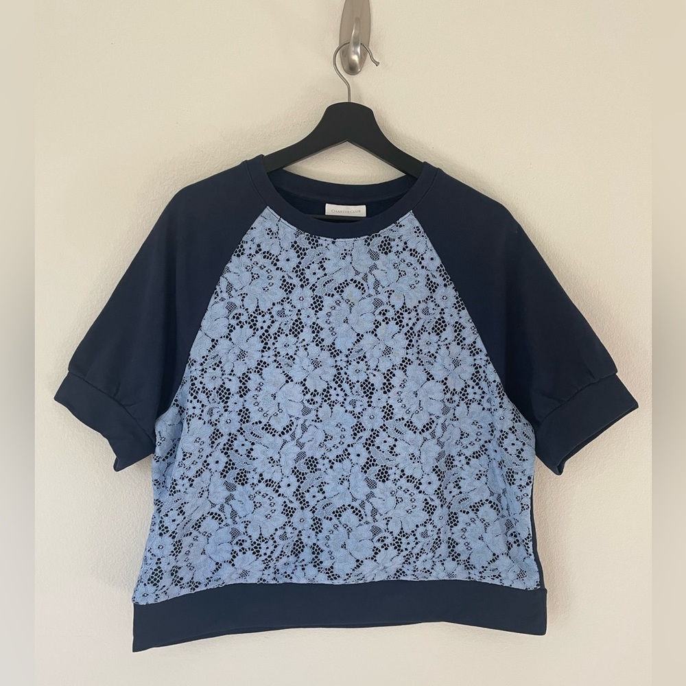 Charter Club Short Sleeve Sweatshirt XLP Blue Crew Neck Lace Front Petite